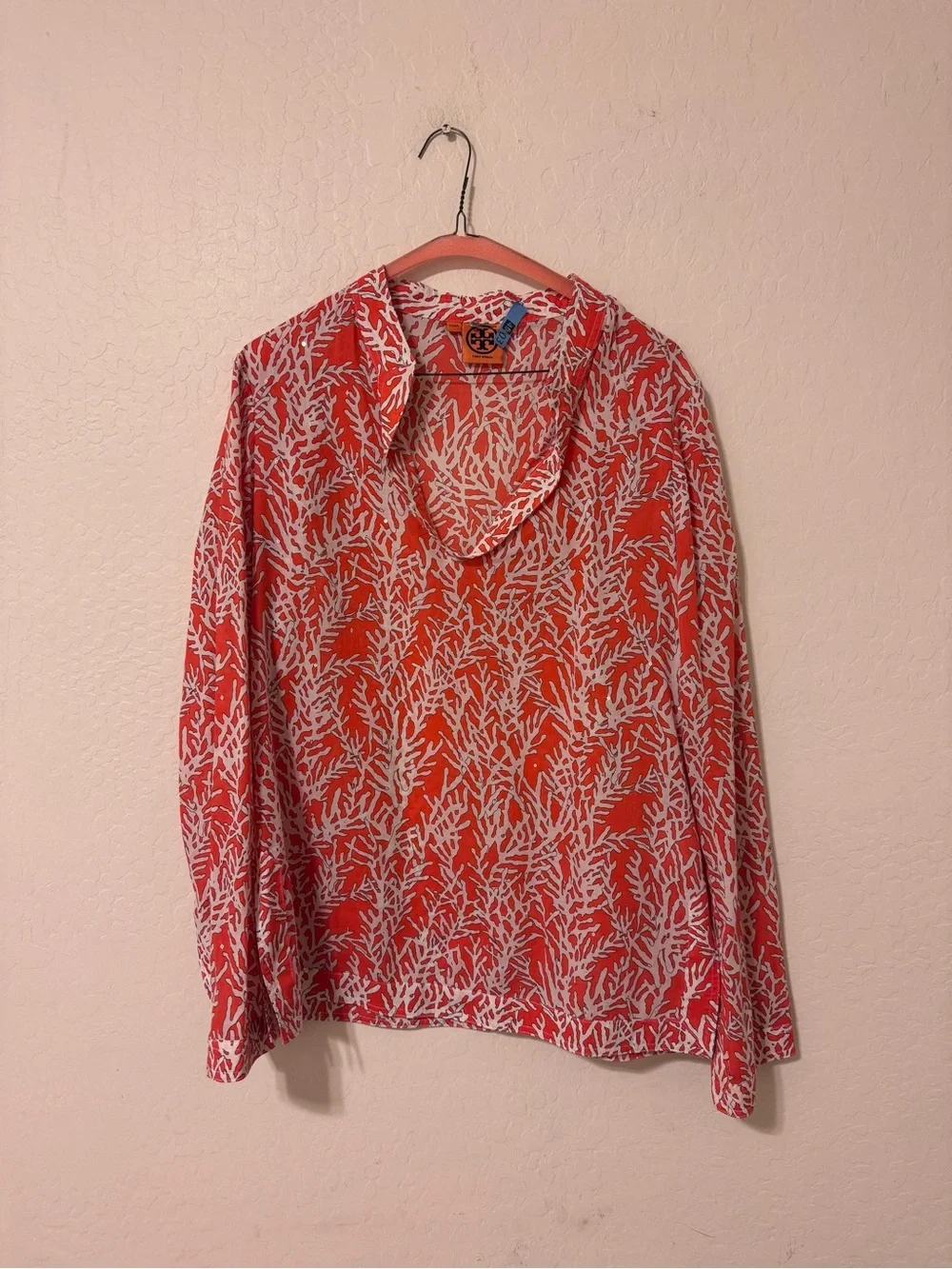 Tory Burch Coral and White Botanical V-Neck Blouse
